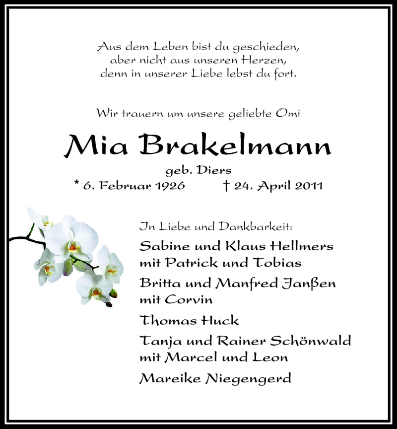  Traueranzeige für Mia Brakelmann vom 26.04.2011 aus Nordwest-Zeitung