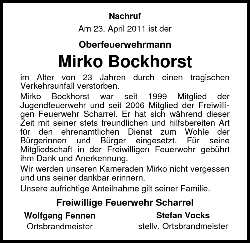  Traueranzeige für Mirko Bockhorst vom 27.04.2011 aus Nordwest-Zeitung