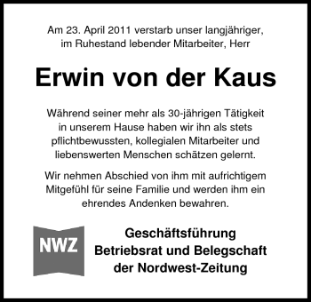 Traueranzeige von Erwin von der Kaus von Nordwest-Zeitung