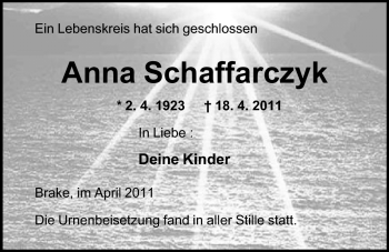 Traueranzeige von Anna Schaffarczyk von Nordwest-Zeitung