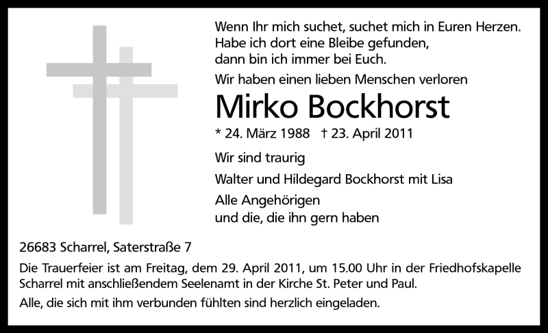  Traueranzeige für Mirko Bockhorst vom 27.04.2011 aus Nordwest-Zeitung