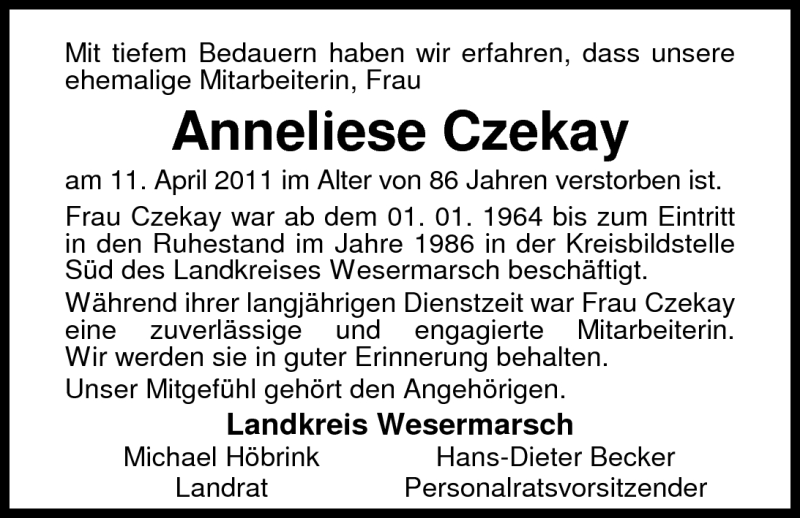  Traueranzeige für Anneliese Czekay vom 28.04.2011 aus Nordwest-Zeitung