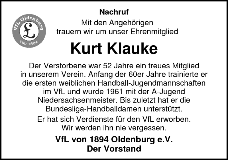  Traueranzeige für Kurt Klauke vom 28.04.2011 aus Nordwest-Zeitung