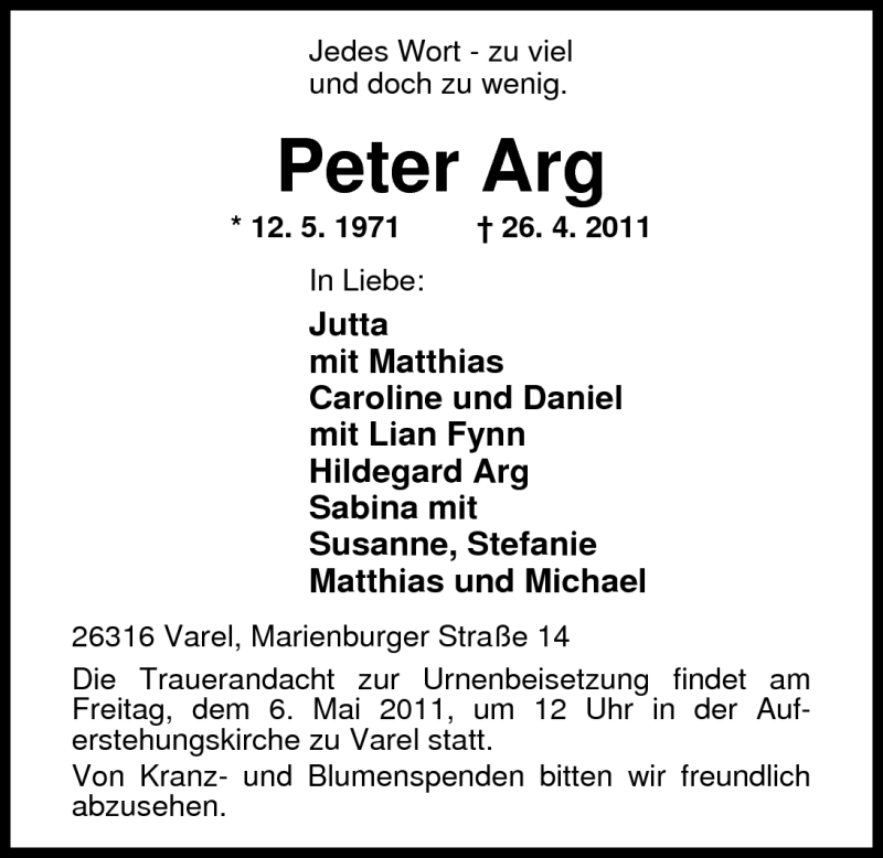  Traueranzeige für Peter Arg vom 29.04.2011 aus Nordwest-Zeitung
