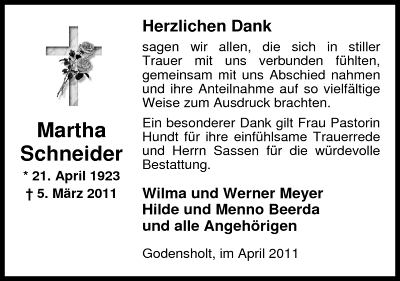  Traueranzeige für Marta Schneider vom 29.04.2011 aus Nordwest-Zeitung