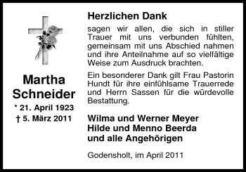 Traueranzeige von Marta Schneider von Nordwest-Zeitung