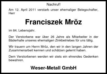 Traueranzeige von Franciszek Mröz von Nordwest-Zeitung