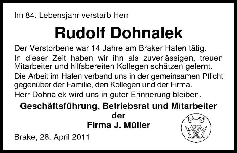  Traueranzeige für Rudolf Dohnalek vom 30.04.2011 aus Nordwest-Zeitung