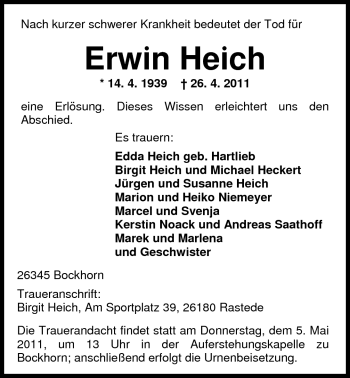 Traueranzeige von Erwin Heich von Nordwest-Zeitung
