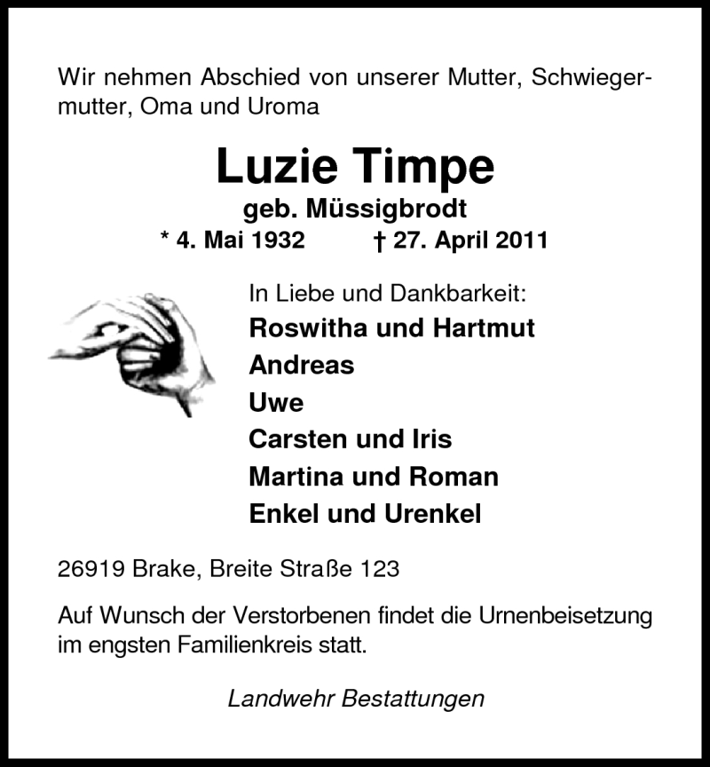  Traueranzeige für Luzie Timpe vom 30.04.2011 aus Nordwest-Zeitung