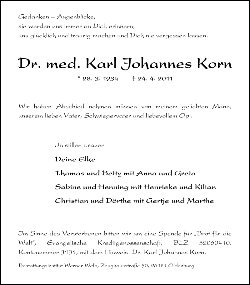 Traueranzeige für Dr. Karl Johannes Korn vom 05.05.2011 aus Nordwest-Zeitung