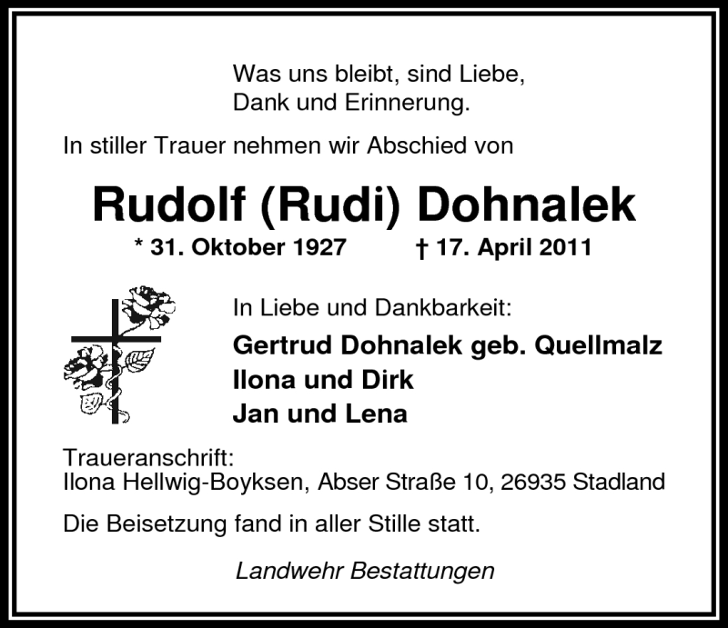  Traueranzeige für Rudolf Dohnalek vom 30.04.2011 aus Nordwest-Zeitung