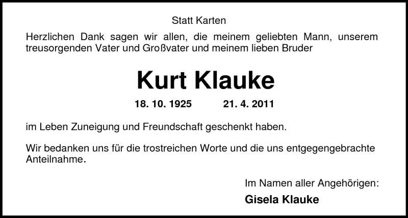  Traueranzeige für Kurt Klauke vom 07.05.2011 aus Nordwest-Zeitung