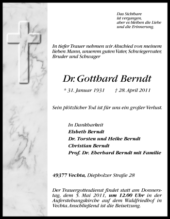 Traueranzeige von Dr. Gotthard Berndt von Nordwest-Zeitung