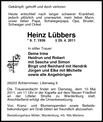 Traueranzeige von Heinz Lübbers von Nordwest-Zeitung