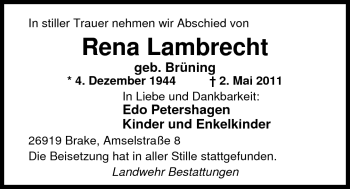 Traueranzeige von Rena Lambrecht von Nordwest-Zeitung