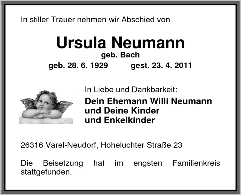  Traueranzeige für Ursula Neumann vom 03.05.2011 aus Nordwest-Zeitung