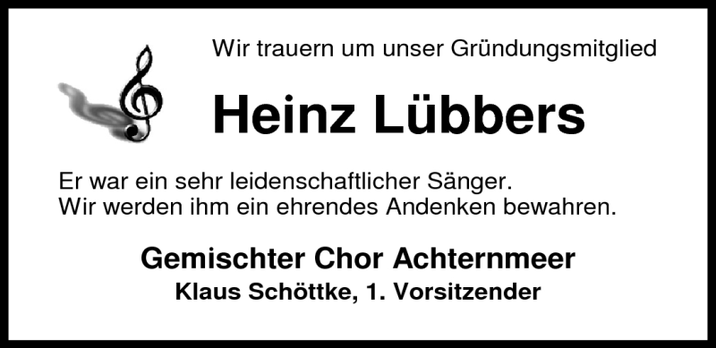  Traueranzeige für Heinz Lübbers vom 03.05.2011 aus Nordwest-Zeitung