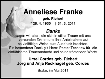 Traueranzeige von Anneliese Richert von Nordwest-Zeitung