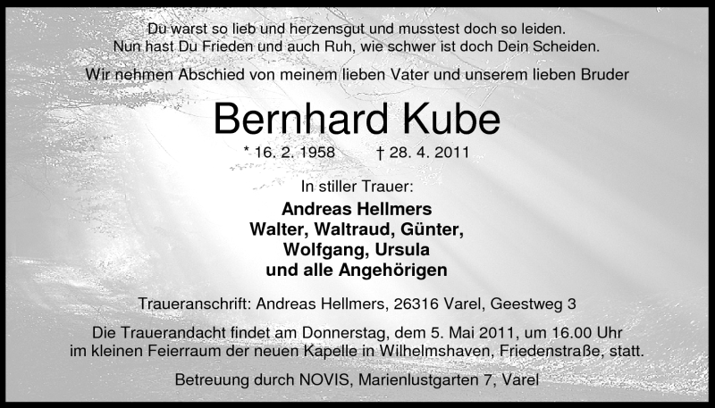  Traueranzeige für Bernhard Kube vom 04.05.2011 aus Nordwest-Zeitung