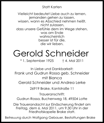 Traueranzeige von Gerold Schneider von Nordwest-Zeitung