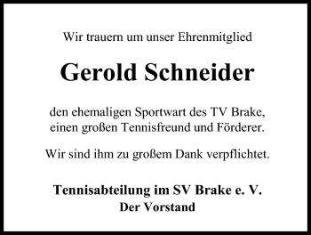 Traueranzeige von Gerold Schneider von Nordwest-Zeitung