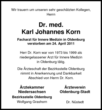 Traueranzeige von Dr. Karl Johannes Korn von Nordwest-Zeitung