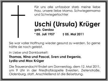 Traueranzeige von Uschi (Ursula) Krüger von Nordwest-Zeitung