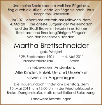 Traueranzeige von Martha Brettschneider von Nordwest-Zeitung