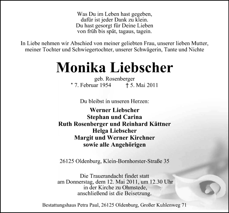  Traueranzeige für Monika Liebscher vom 09.05.2011 aus Nordwest-Zeitung