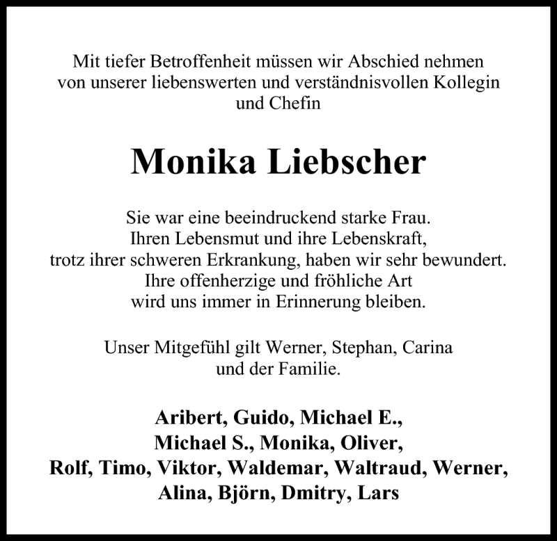  Traueranzeige für Monika Liebscher vom 09.05.2011 aus Nordwest-Zeitung