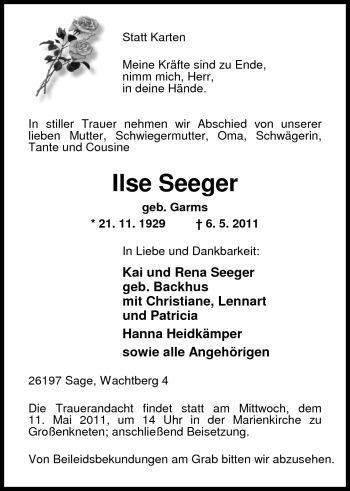 Traueranzeige von Ilse Seeger von Nordwest-Zeitung