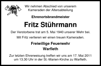 Traueranzeige von Fritz Stührmann von Nordwest-Zeitung