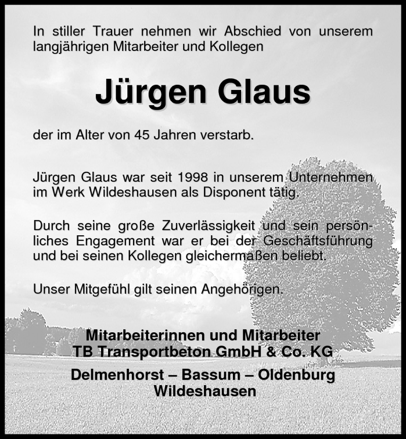  Traueranzeige für Jürgen Glaus (Hucky) vom 10.05.2011 aus Nordwest-Zeitung