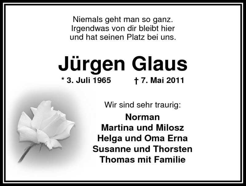  Traueranzeige für Jürgen Glaus (Hucky) vom 11.05.2011 aus Nordwest-Zeitung