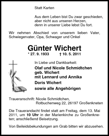 Traueranzeige von Günter Wichert von Nordwest-Zeitung