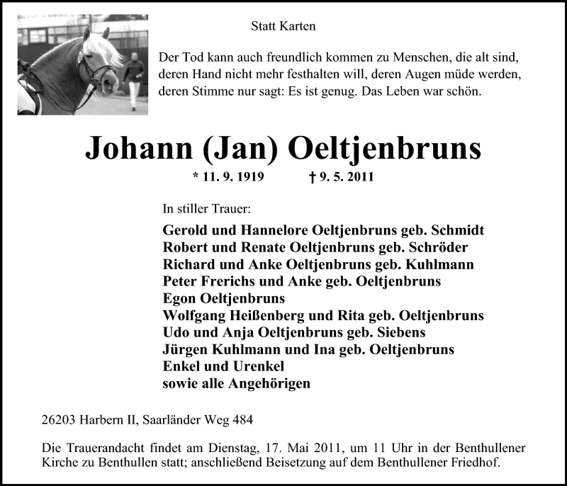  Traueranzeige für Johann Oeltjenbruns vom 12.05.2011 aus Nordwest-Zeitung