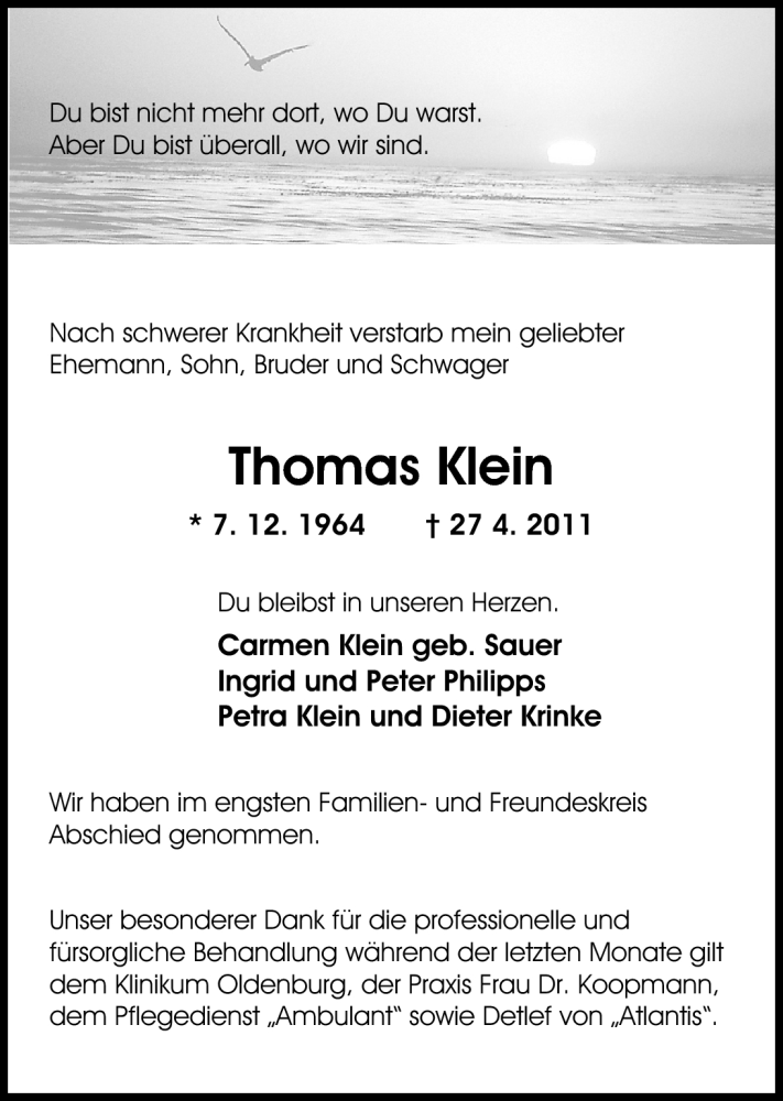  Traueranzeige für Thomas Klein vom 14.05.2011 aus Nordwest-Zeitung