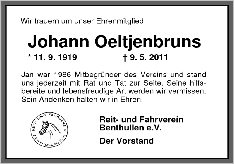  Traueranzeige für Johann Oeltjenbruns vom 12.05.2011 aus Nordwest-Zeitung