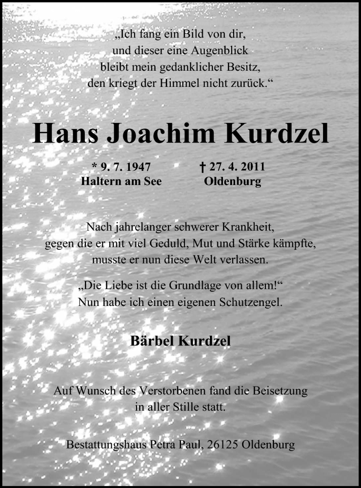  Traueranzeige für Hans Joachim Kurdzel vom 12.05.2011 aus Nordwest-Zeitung