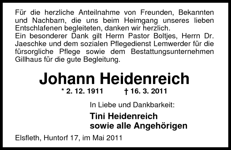  Traueranzeige für Johann Heidenreich vom 14.05.2011 aus Nordwest-Zeitung