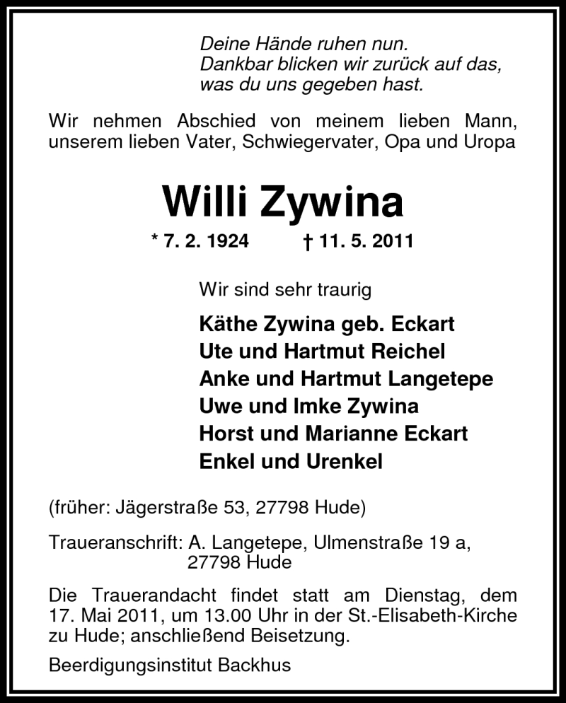  Traueranzeige für Willi Zywina vom 13.05.2011 aus Nordwest-Zeitung