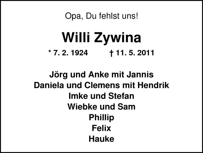  Traueranzeige für Willi Zywina vom 13.05.2011 aus Nordwest-Zeitung
