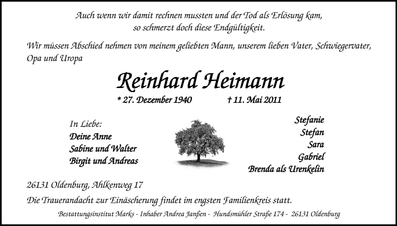  Traueranzeige für Reinhard Heimann vom 14.05.2011 aus Nordwest-Zeitung