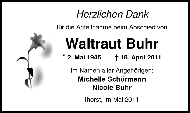  Traueranzeige für Waltraut Buhr vom 14.05.2011 aus Nordwest-Zeitung