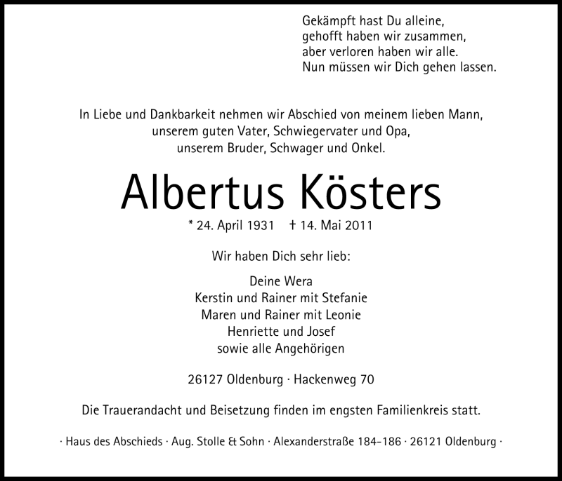  Traueranzeige für Albertus Kösters vom 17.05.2011 aus Nordwest-Zeitung