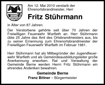 Traueranzeige von Fritz Stührmann von Nordwest-Zeitung