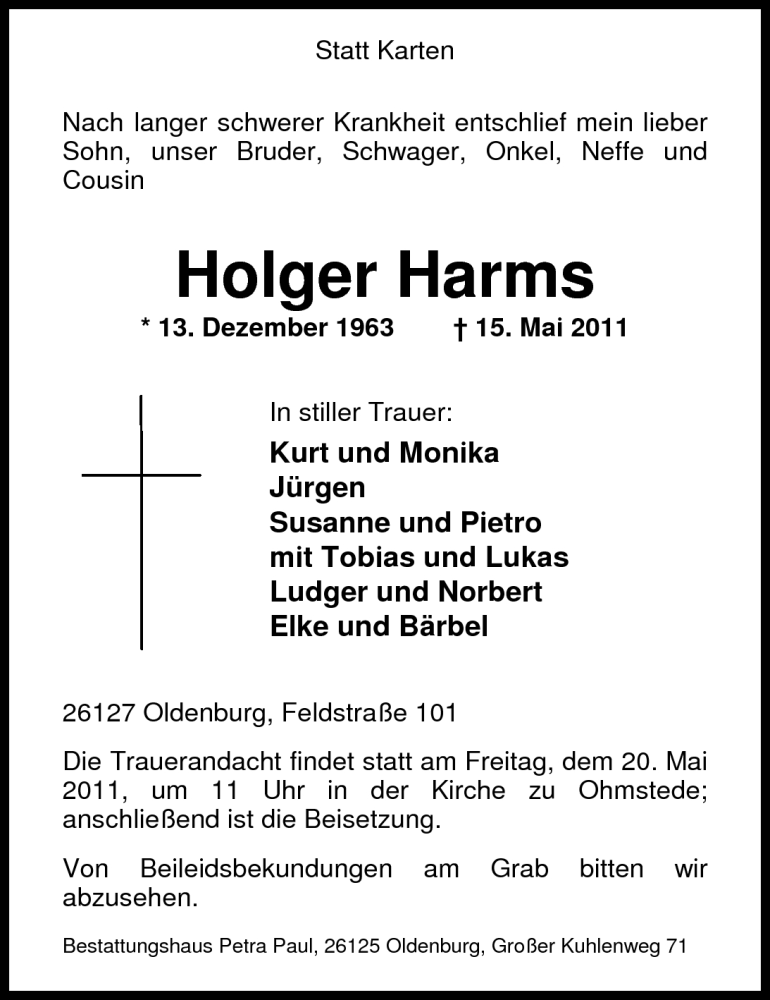  Traueranzeige für Holger Harms vom 18.05.2011 aus Nordwest-Zeitung