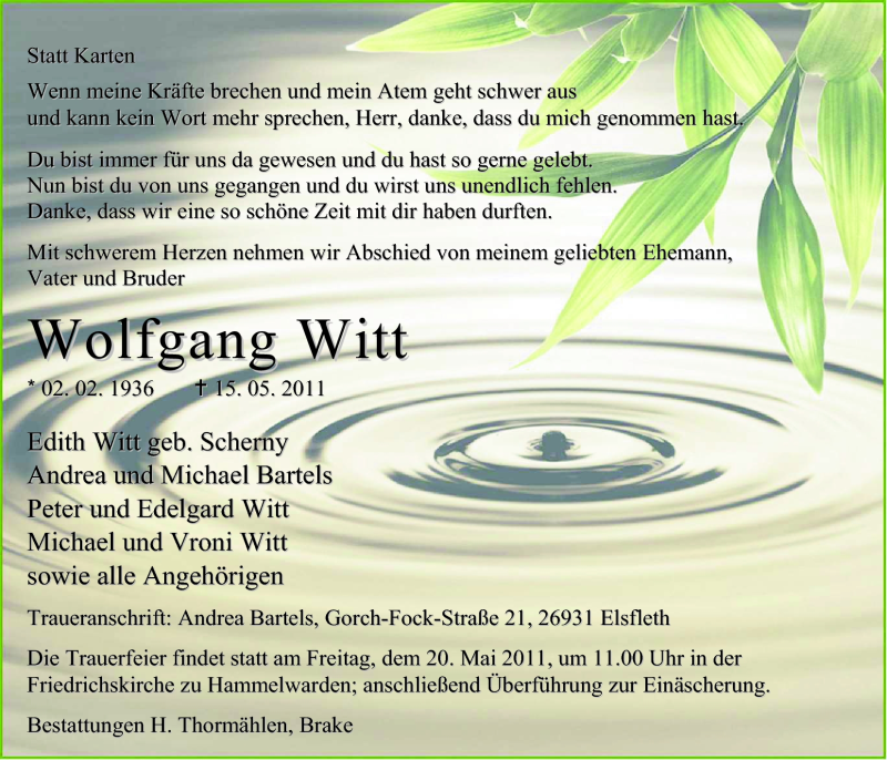  Traueranzeige für Wolfgang Witt vom 18.05.2011 aus Nordwest-Zeitung