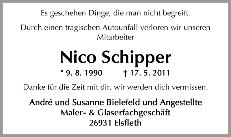  Traueranzeige für Nico Schipper vom 19.05.2011 aus Nordwest-Zeitung